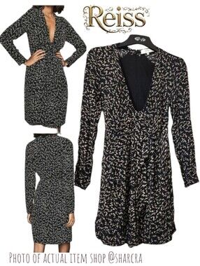 Reiss Women Julia Zig Zag Print Shift Dress Plunge Neck Long Sleeve Mini Black 2